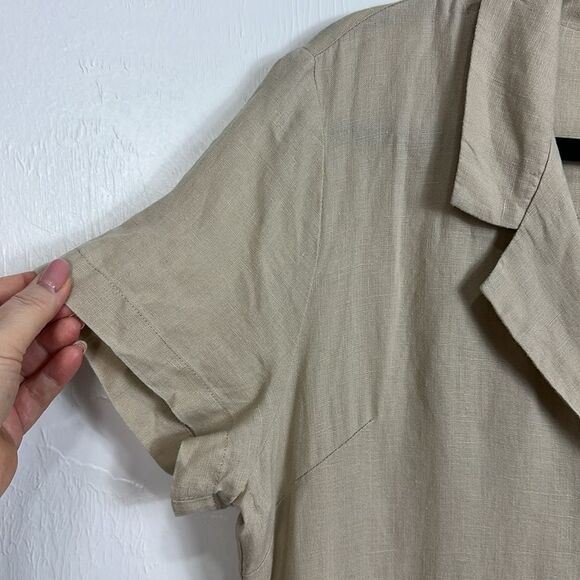 Quince European Linen Button Front Beige Short Sleeve Midi Shirt Dress Size L - Picture 3 of 10